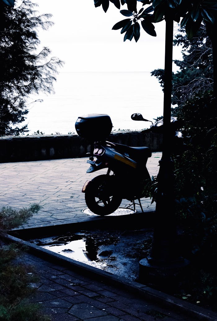 who-we-are Silhouetted motorcycle parked beside a seaside path at dusk, capturing serenity.